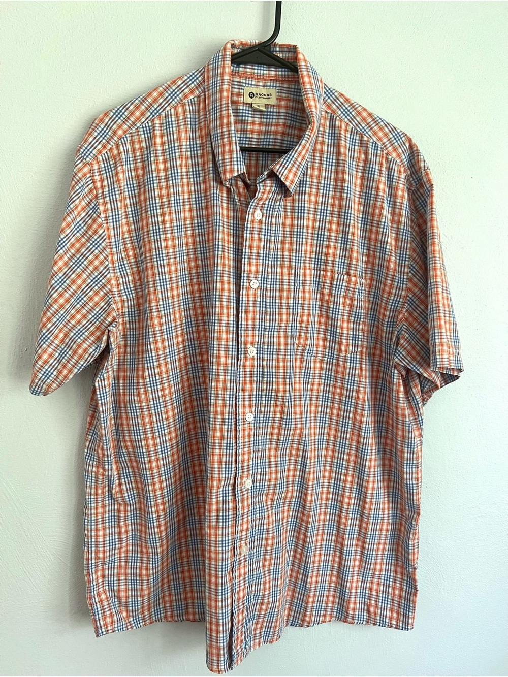 Haggar Orange and Blue Plaid Short-Sleeve Button-Down Shirt